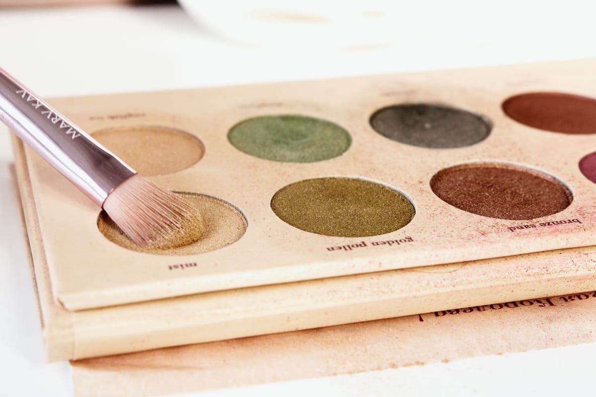 An eyeshadow palette in gold, olive and bronze shades with a fluffy brush resting on it